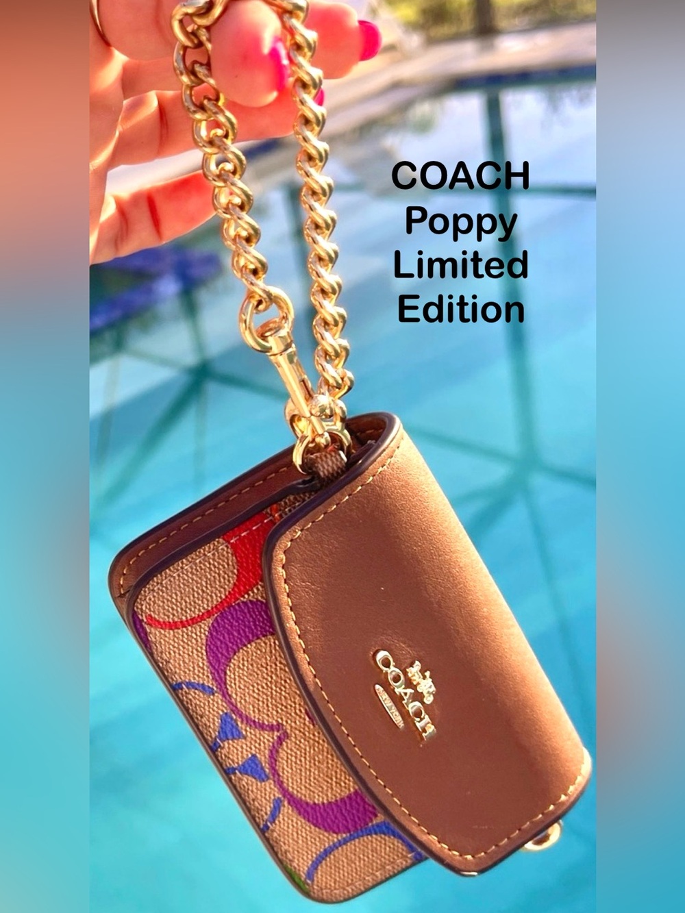 Coach Poppy Ltd Ed Signature Chain Wallet/Card Case Leather&CoatedCanvas LikeNew